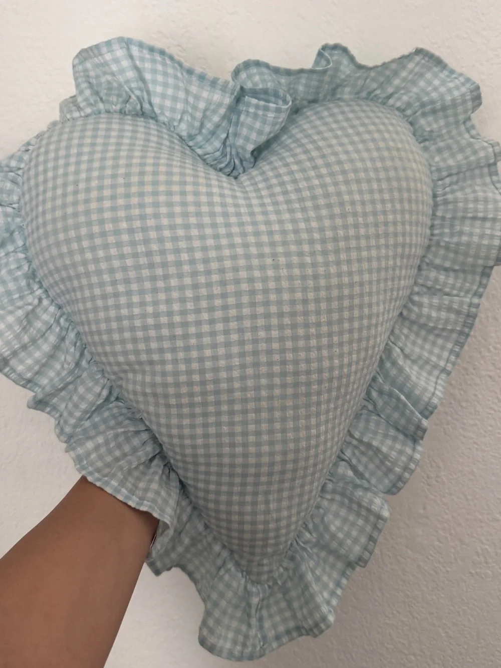 Marshalls Pale Blue Gingham Heart Pillow with 'nap queen' Embroidery